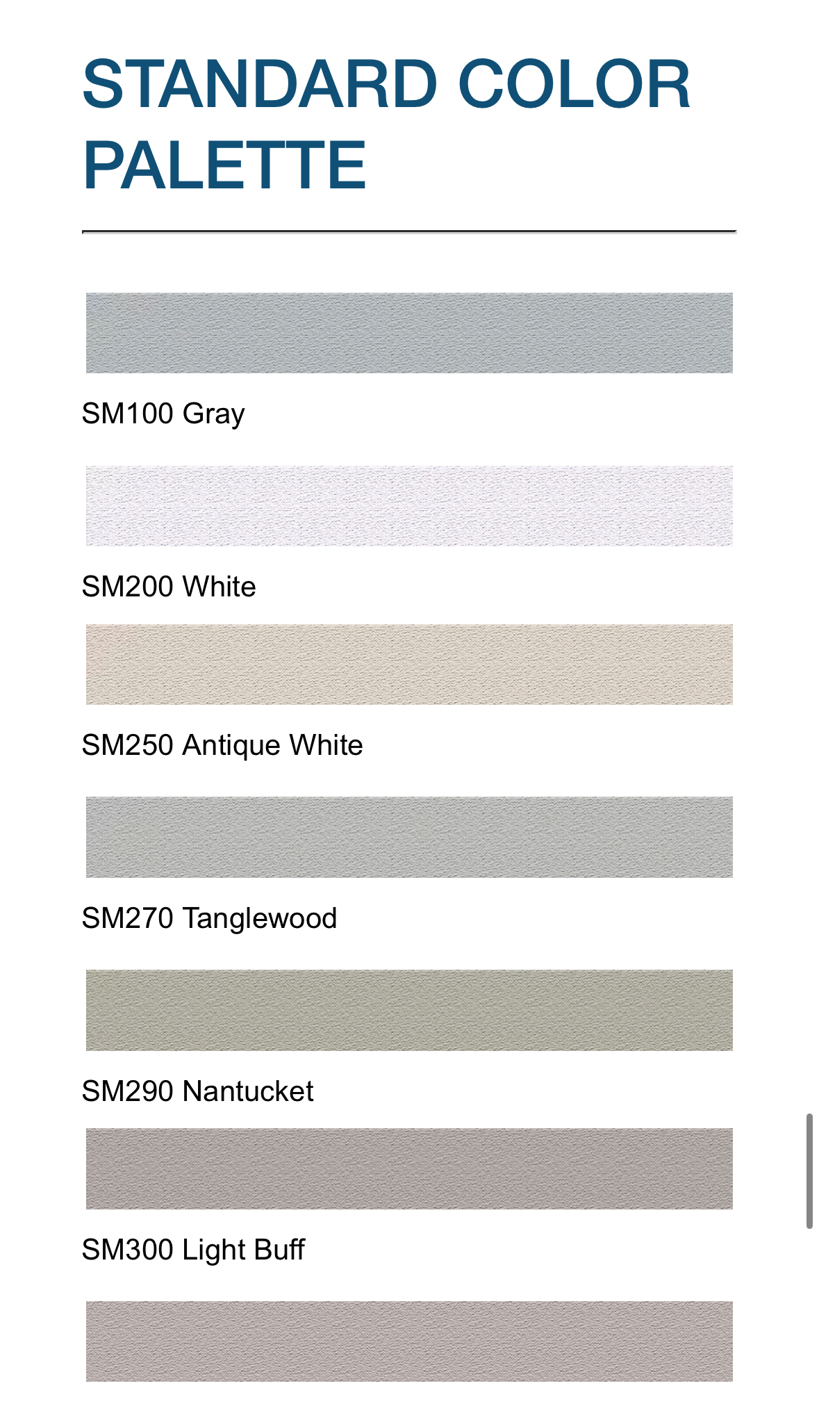 Standard mortar color palette showing Gray, White, Antique White, Tanglewood, Nantucket, and Light Buff
