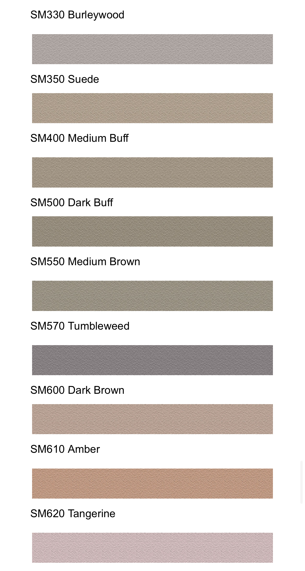 Mortar color palette showing Burleywood, Suede, Medium Buff, Dark Buff, Medium Brown, Tumbleweed, Dark Brown, Amber, and Tangerine
