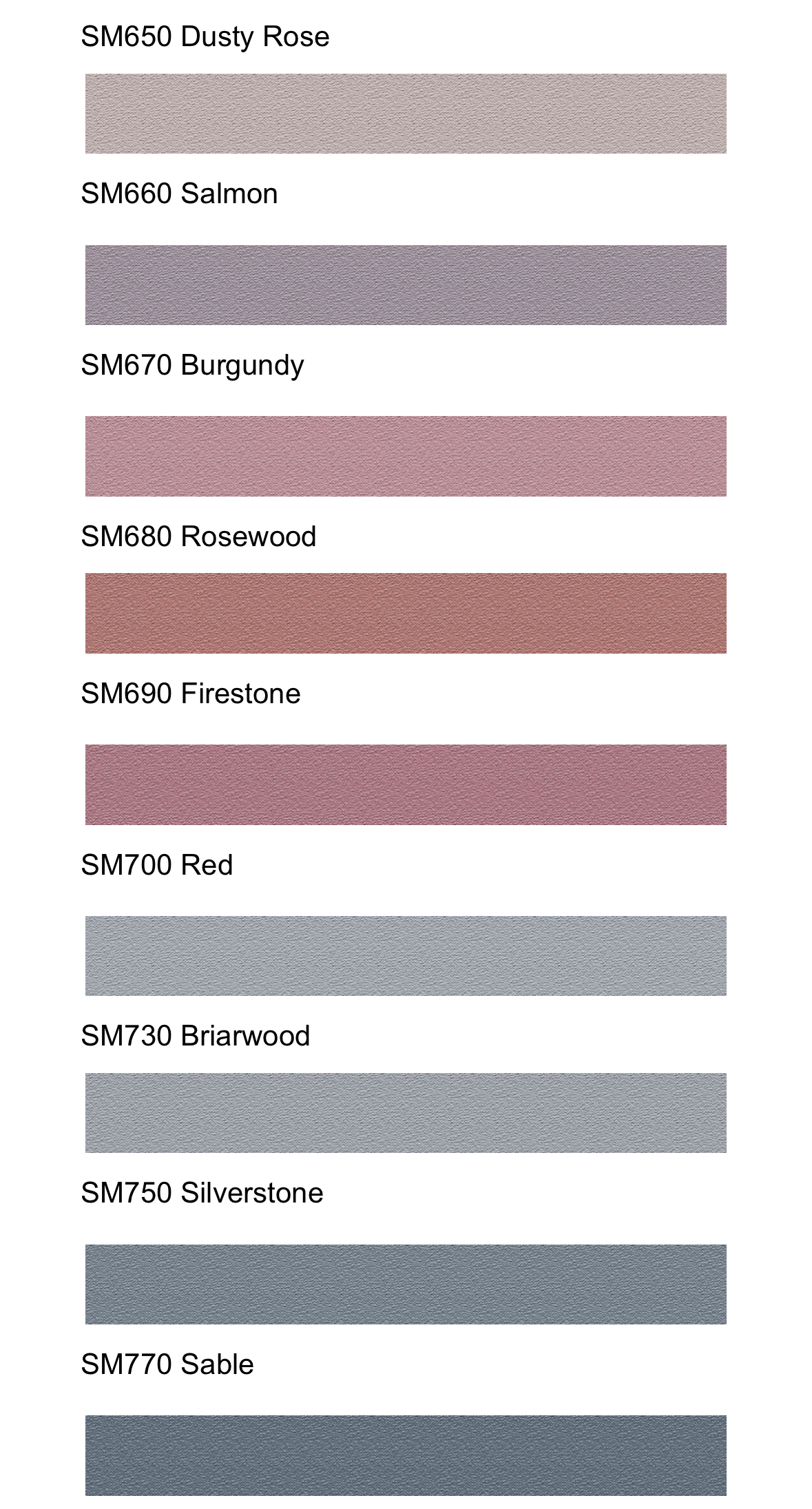 Mortar color palette showing Dusty Rose, Salmon, Burgundy, Rosewood, Firestone, Red, Briarwood, Silverstone, and Sable