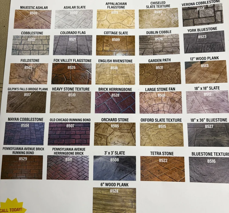 Complete stamped concrete pattern selection board showing all 31 available stamp designs including ashlar slate, cobblestone, flagstone, wood plank, and brick patterns